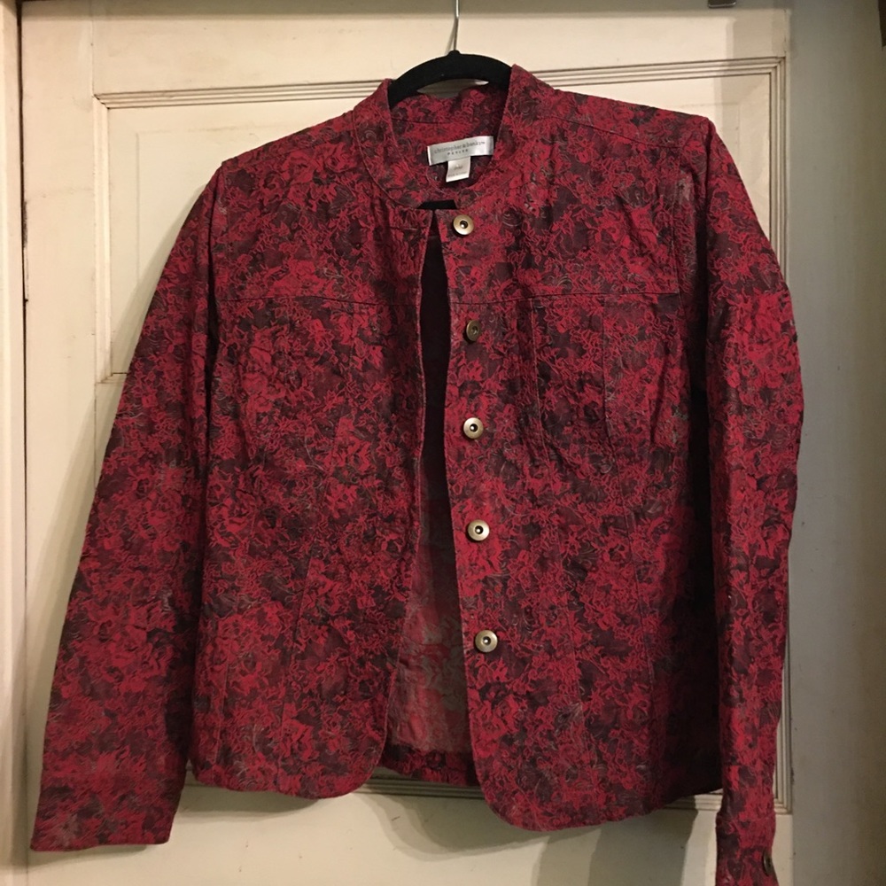 Vtg red gray petite medium jacket blazer jacquard Christopher Banks beautiful - Picture 2 of 11